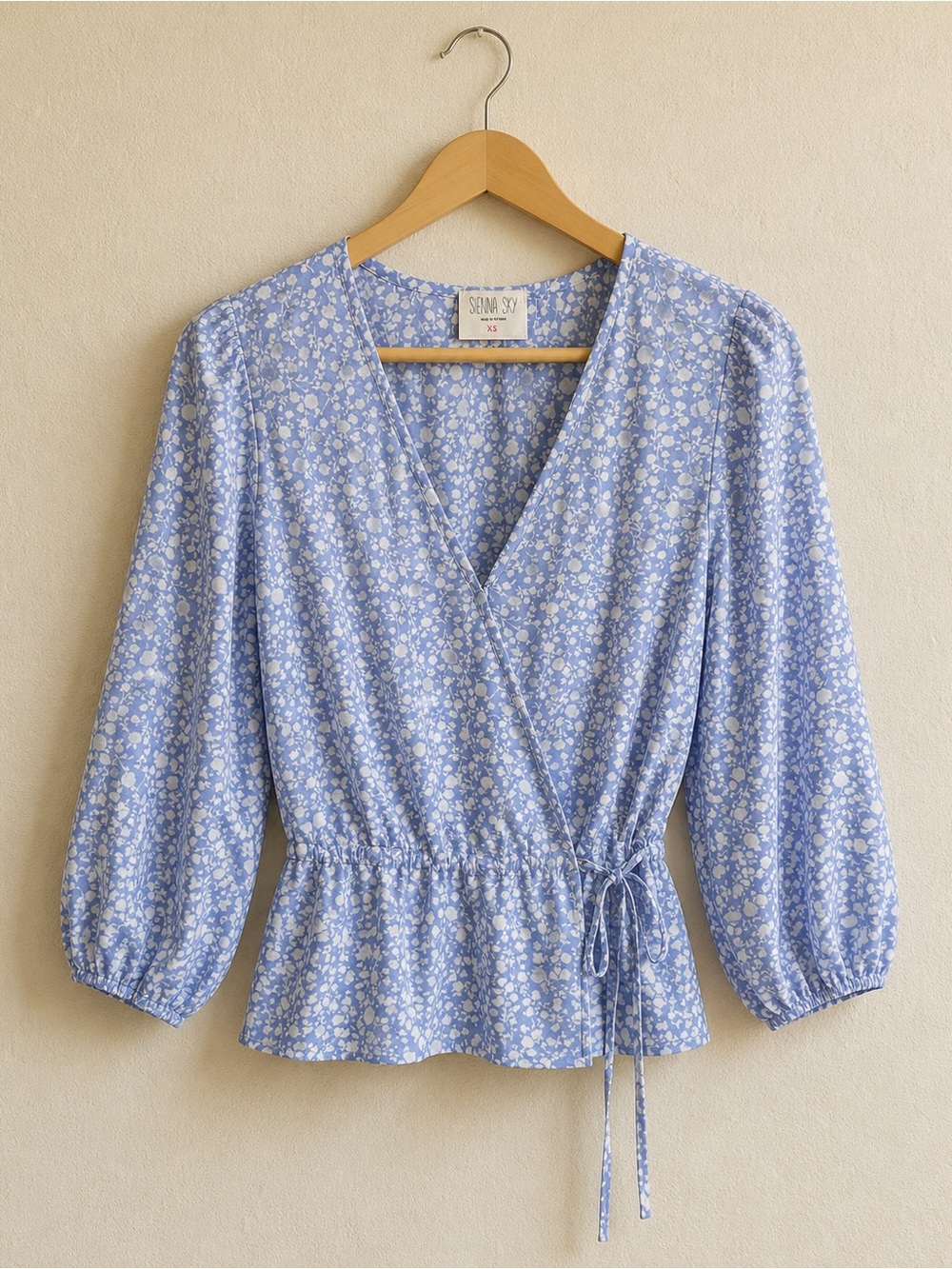 Sienna Sky XS Blue White Floral Wrap Peplum Blouse Puff Sleeve
